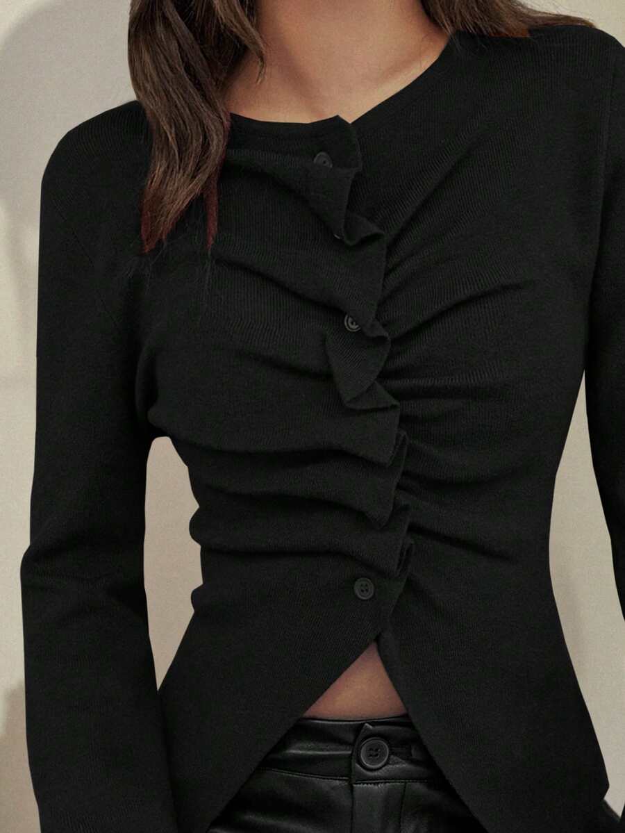 女士新款褶裥前襟单排扣长袖修身针织开衫，优雅简约时尚休闲风格，秋冬黑色 - 黑色 - 查看 1