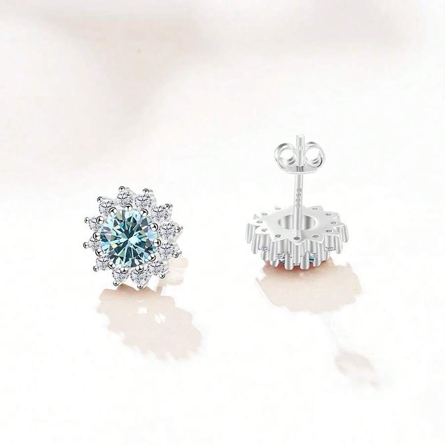 1 Pair 925 Sterling Silver 2 Carat Round Moissanite Stud Earrings For Women, Daily Wear, With GRA Certificate And Gift Box