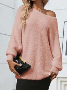 Suéter holgado de manga de murciélago de unicolor talla grande, para uso casual en invierno - Rosa vieja - Ver 2