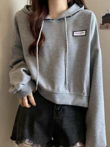 Sudadera corta con capucha y tejido de nido de abeja para mujer, estilo coreano, otoño/invierno, nuevo diseño, corte holgado, oversize, prenda exterior informal. - Gris - Ver 2