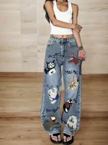 Y2K Street Washed Letter Cartoon Print Slant Pocket Wide Leg Jeans Preppy Comfort Denim Pants - Blue - View 1