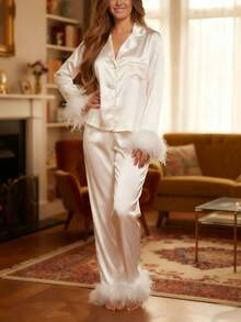 Women Feather Trim Pajamas Satin 2 Piece Long Sleeve Button Down Sleepwear Bridal Shirt And Pants Lounge Set - 白色 - 查看 3