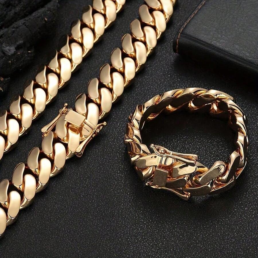 2pcs Miami Cuban Link Chain Set For Men Hip Hop Jewelry 14mm Stainless Steel 18K Golden Plated Lock Buckle Bracelet Necklace Set - Vòng tay 8,5 inch - Xem 1