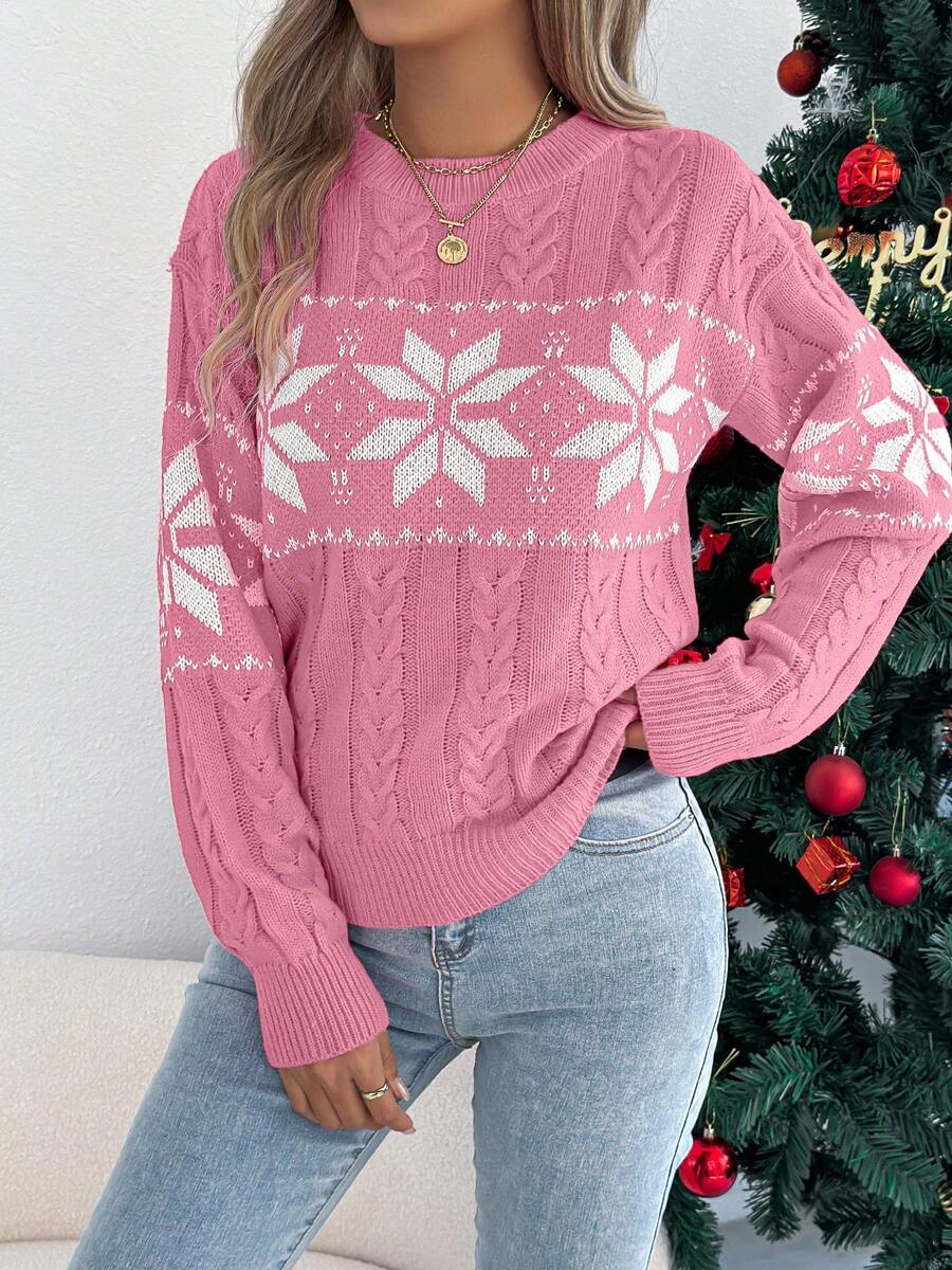 Women's Christmas Snowflake & Striped Colorblock Crew Neck Long Sleeve Sweater, Autumn/Winter - Pink - View 1