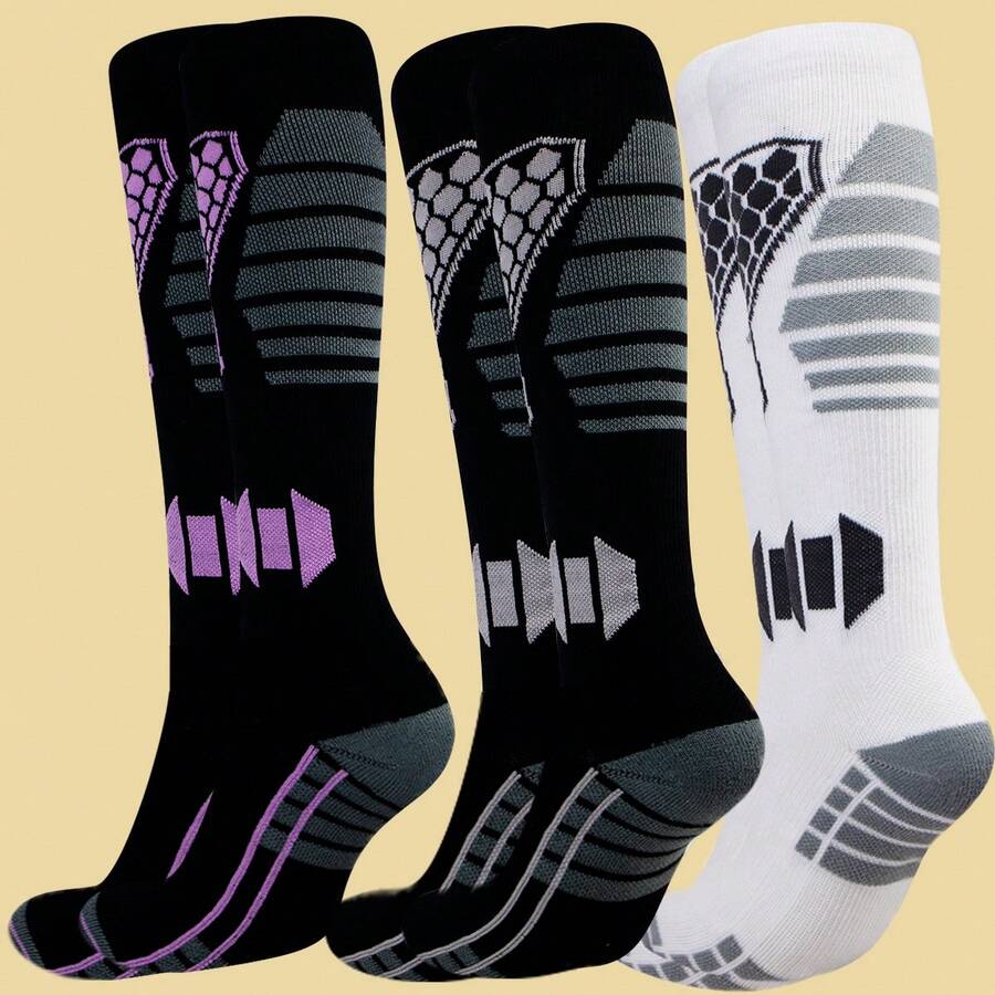 3 Pairs Unisex Thick Thermal Ski Socks, Breathable & Warm For Outdoor Sports Like Skiing, Ice Skating, Hiking In Winter