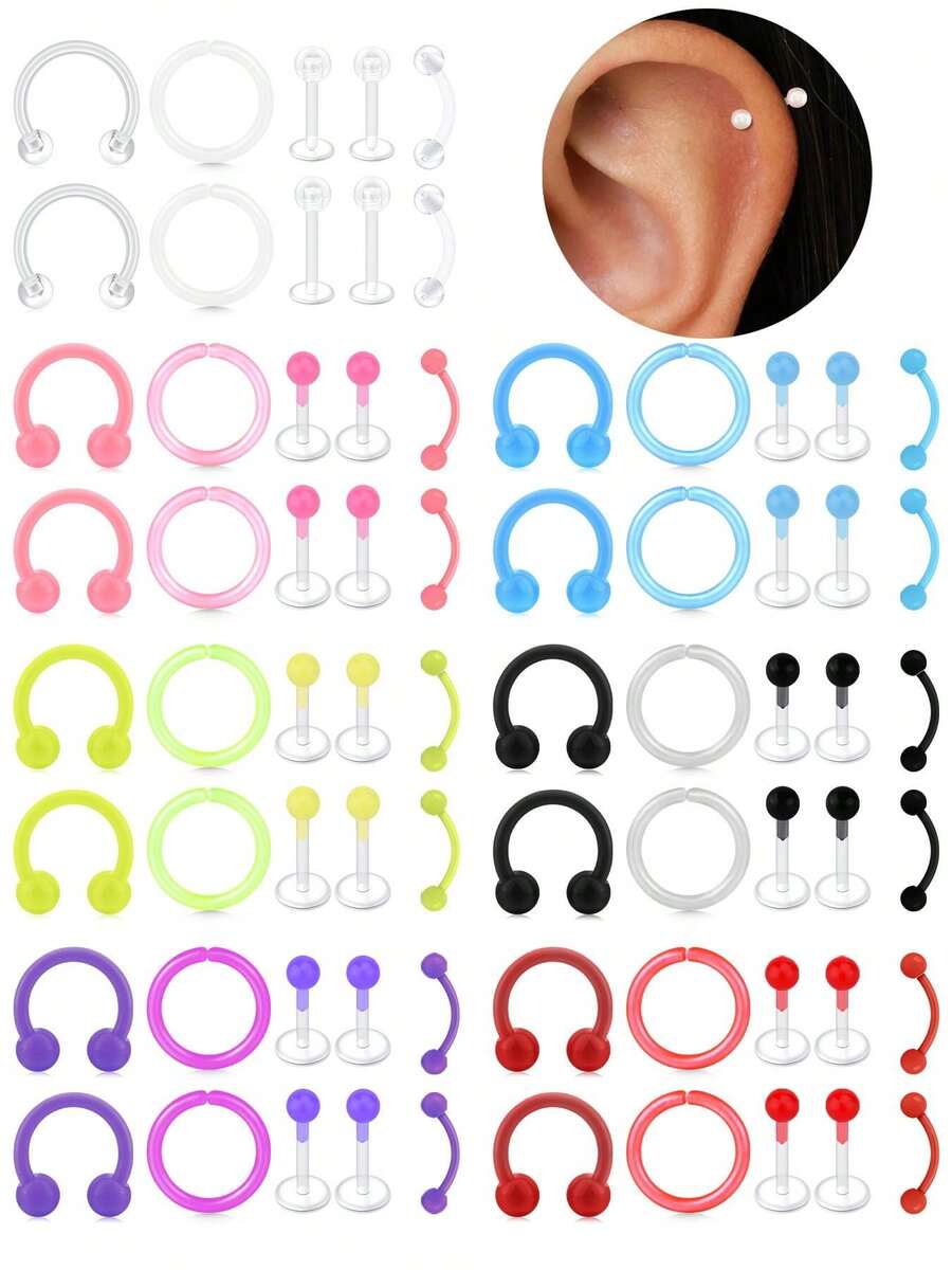 Clear Piercing Retainers Mix Set For Sport Work Septum Retainer Nose Studs Flexible Lip Ear Nose Tongue Rings Nipplering Cartilage Rook Daith Earrings Horseshoe Plastic Industrial Piercing Retainer For Work - Piercing Retainers - View 1