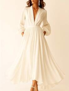 Elegant V-Neck Long Sleeve A-Line Midi Dress - trắng - Xem 4