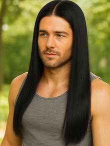 男士黑色长直假发，耐高温纤维合成耐热假发，时尚百搭，适合所有男士日常佩戴和派对场合