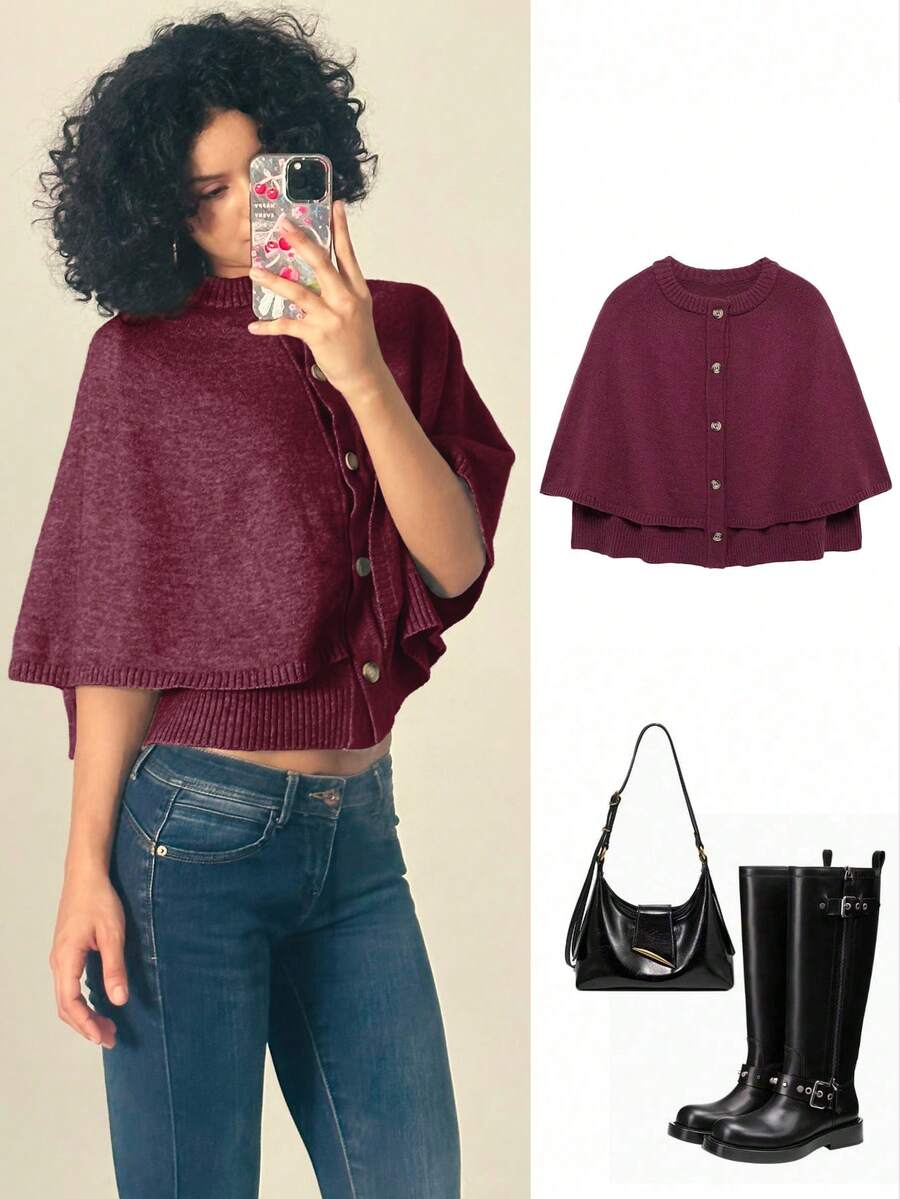 Women's Fashionable Versatile Commuter Shawl Collar Knit Sweater Top - Burgundy - View 1