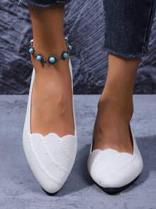 2026 Nuevos zapatos planos de mujer de primavera/verano con puntera puntiaguda y sin talón, de punto a rayas, zapatos tipo mocasín de estilo bohemio de unicolor clásico, zapatos planos de punto casuales y cómodos, adecuados para vacaciones, fiestas, hogar, oficina, actividades al aire libre, todas las estaciones - Blanco - Ver 5