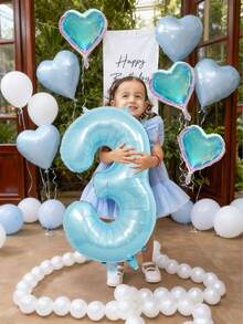 4pcs Blue Birthday Number Balloon Set, Includes 32-Inch Pearl Blue Number Balloons, Light Blue Heart Foil Balloons, Mirror Heart Balloons, Suitable For Birthday, Party, Valentine's Day, Anniversary, Party Decoration, Baby Shower, Photo Shoot, Princess Theme Birthday, Heart Theme Birthday, Scene Decoration, 1-9 Years Old Birthday - Baby Blue - View 3
