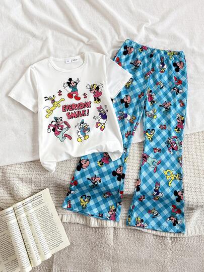 Disney Jeunes filles, Imprimé famille Mickey Mouse, Fille mignonne, Ensemble 2 pièces d'été - Top à manches courtes col rond et pantalon à jambes évasées, Imprimé lettres, Ensemble casual d'été, Mode ludique, Tissu respirant, Ensemble 2 pièces, Ensemble short enfant, Vêtements pour petite fille