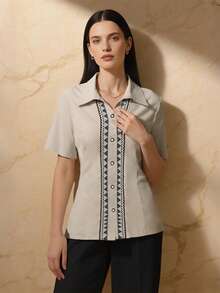 Amyenjoylife Modern Filipiniana Ladies' Elegant Teacher Blouses Shirts Elegant Blouse Women Formal - Light Grey - View 4