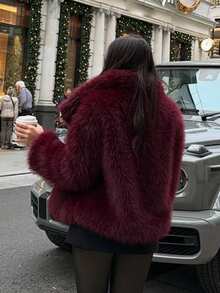HH 女式仿皮草夹克优雅纯色翻领长袖外套休闲宽松女式冬季超大码淑女时尚街头风夹克 - 酒紅色 - 查看 11
