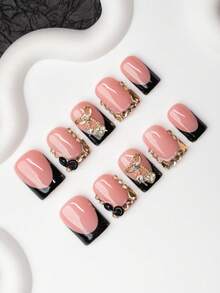 Set de 10 piezas de puntas de uñas cuadradas hechas a mano, estilo Y2K Baddie, color nude y negro con puntas francesas, cereza, rhinestones, diseños tallados, adecuado para fiestas, bodas, uso diario, incluye kit de herramientas, gran regalo para mujeres y niñas, suministros para uñas - Multicolor - Ver 1