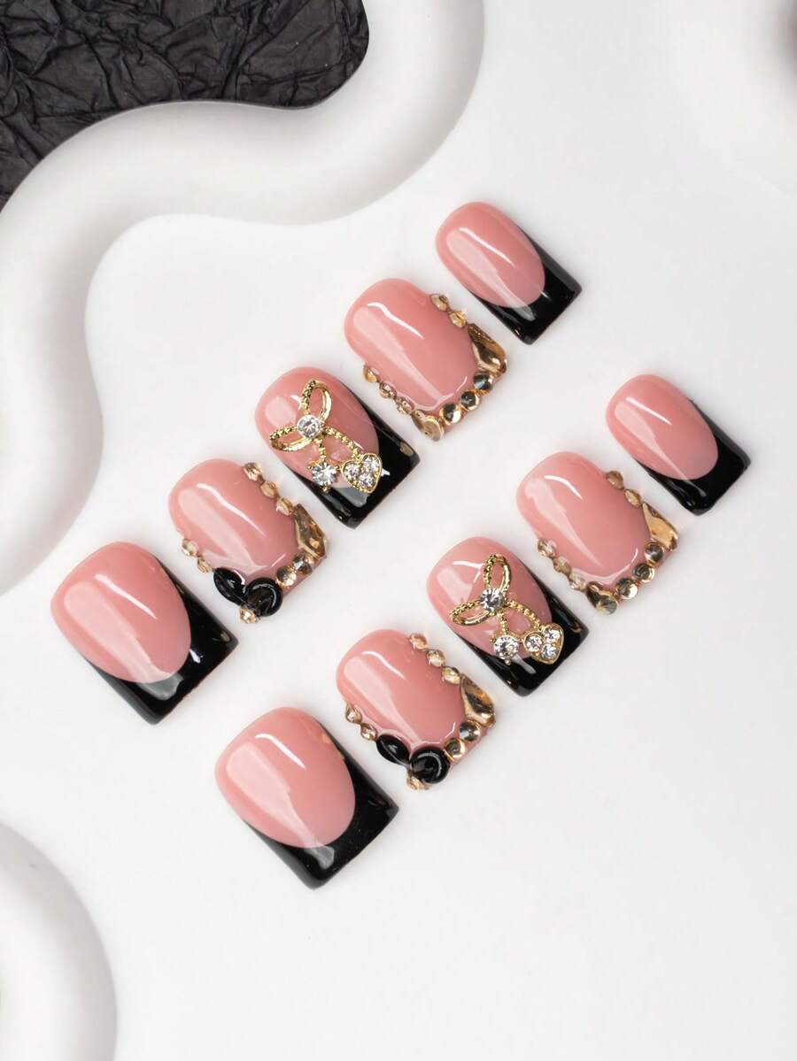 Set de 10 piezas de puntas de uñas cuadradas hechas a mano, estilo Y2K Baddie, color nude y negro con puntas francesas, cereza, rhinestones, diseños tallados, adecuado para fiestas, bodas, uso diario, incluye kit de herramientas, gran regalo para mujeres y niñas, suministros para uñas - Multicolor - Ver 1