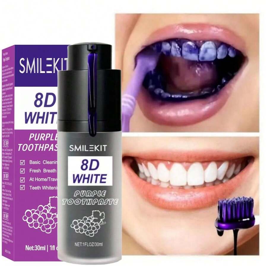 独家设计 8D 牙齿美白紫色牙膏，深层清洁，清新口气，美白牙齿，30毫升，日常使用，口腔护理，1支装 - 紫色 - 查看 1