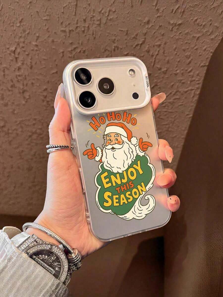1pc Funda de Teléfono de TPU a Prueba de Golpes de Cobertura Completa con Borde Suave y Diseño de Santa Claus, Texto HO HO HO y Eslogan de Disfruta Esta Temporada para Navidad, Compatible con iPhone 17/16/15/14/13/12/11/Plus/Pro/Promax/Air, Galaxy S25/S24/S23/S22/S21/FE/Plus/Ultra, Funda de Teléfono de Estilo Navideño Interesante, Impermeable, Antigolpes, Resistente a Rasguños - Negro - Ver 1