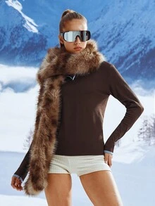 Leorrey 1pc Women's Fashion Wool Ribbed Mock Neck Half Zip Colorblock Snow Outfits Winter Sports - Mocha Brown - View 3