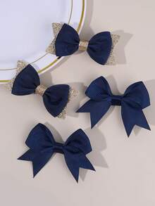 4pcs Navy Blue Bow Hair Clips Set, Suitable For Girls - Navy Blue Alligator Clips, Solid Shiny Hair Clips, School Style Party Hair Accessories, Suitable For Daily Wear, Teens Hair Accessories