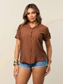 Women's Short-Sleeved Dress Shirt, Plain, Lightweight Viscose Fabric - 鏽棕色 - 查看 5