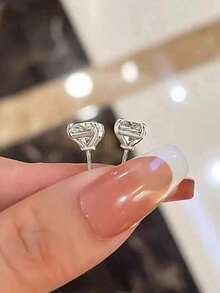 1pair Exquisite Zirconia Geometric Square Earrings, Minimalist Design, Versatile & Classic Style Earrings - Bạc - Xem 3