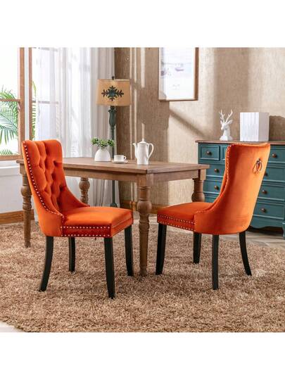 Moderne Dining Chairs, High End Tufted Solid Wood, Contemporary Fluwelen Upholstered Piece Studded Wooden Legs, Orange, Blue.