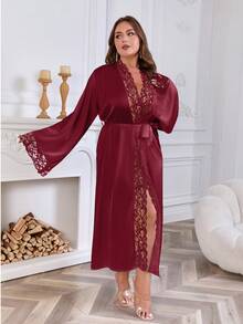 New Plus Size Women's Elegant Satin Robe, Soft Lace Trim, Flare Long Sleeves, Silky & Comfortable, Bridal Robe, Bridesmaid Dress, Includes Waist Belt, Suitable For Home Use - Burgundy - View 1