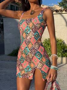 Women Sparkly Sequin Mini Dress Y2k Contrast Shining Split Slim Fit Sleeveless Sundress Summer Stylish Sexy Bodycon Going Out Party Dress Streetwear - 珊瑚粉 - 查看 1