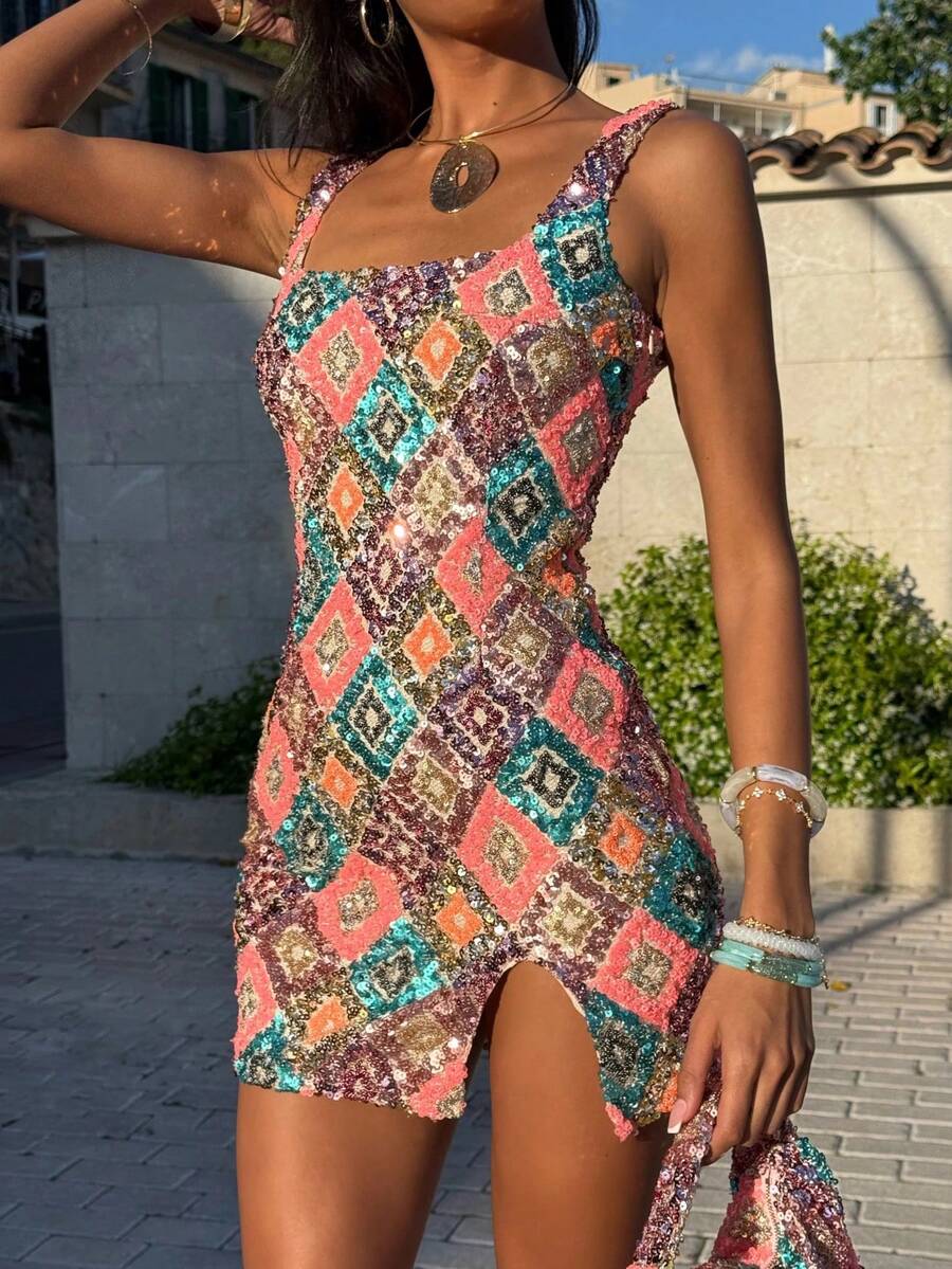 Women Sparkly Sequin Mini Dress Y2k Contrast Shining Split Slim Fit Sleeveless Sundress Summer Stylish Sexy Bodycon Going Out Party Dress Streetwear - 珊瑚粉 - 查看 1
