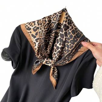 1pc Luxury Brand Leopard Print Bandana Square Scarf Women's Imitation Silk Scarf Casual Versatile Decoration Small Neck Scarf