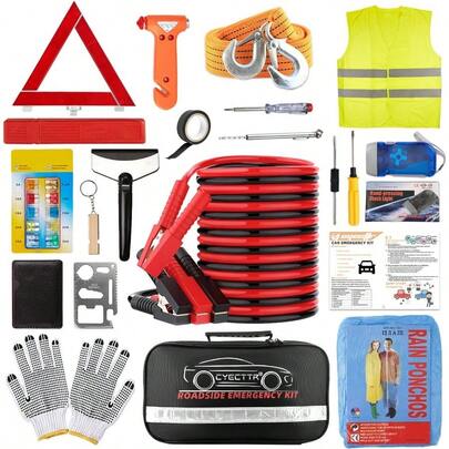 Car Roadside Emergency KitAuto Vehicle Truck Safety Emergency Road Side Assistance Kits With Jumper Cables Safety Hammer Reflective Warning Triangle Tire Pressure Gauge Tow Rope Etc