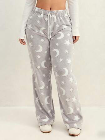 Plus Size Women's Autumn/Winter Flannel Thick Star & Moon Pattern Drawstring Waist Wide Leg Pants, Suitable For Outerwear, Sportswear, Casual Wear, Lounge Pants