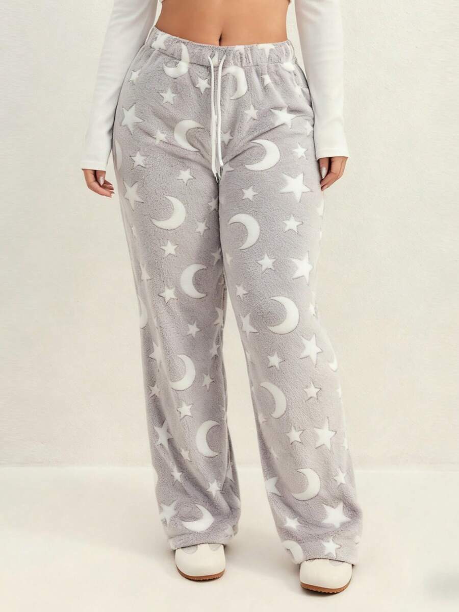Quần ống rộng họa tiết sao và trăng bằng vải nỉ dày dặn cỡ lớn dành cho nữ mùa thu/đông, có dây rút, thích hợp làm áo khoác ngoài, đồ thể thao, trang phục thường ngày, quần dài mặc ở nhà - Xám - Xem 1