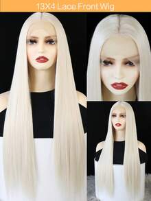 180% Density 13x4 Platinum Blonde Straight Synthetic Lace Front Wig, High Quality Heat Resistant Fiber, Complete Set For Women, Halloween - Multicolor - View 3