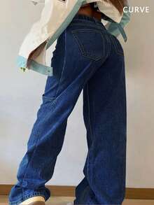 Quần jean denim ống đứng cạp chun kiểu retro Y2K dành cho nữ cỡ lớn – Kiểu dáng cơ bản, đa năng và thời trang cho mùa hè. - Rửa tối - Xem 2