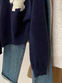 Navy Blue Cute Cartoon Autumn Sweater, Loose Soft Cozy Casual Versatile Crew Neck Knit Top - Navy Blue - View 4