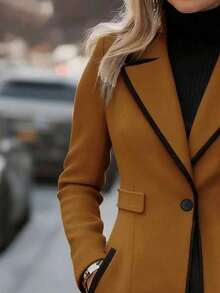 黑色滚边缺角翻领单排扣长款系带优雅冬季外套 - 棕色 - 查看 3