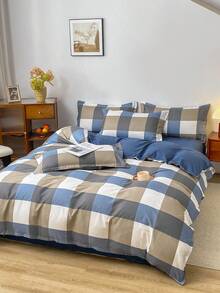 1个被套、2个枕套、1个床单，四件套床上用品，蓝卡其格纹图案，现代优雅风格，亲肤舒适，适用于单人/双人床，四季皆宜。 - 藍色 - 查看 5