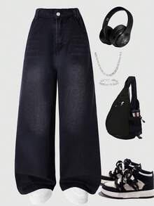 青少年男童带口袋宽松休闲水洗阔腿裤 - 黑色 - 查看 3