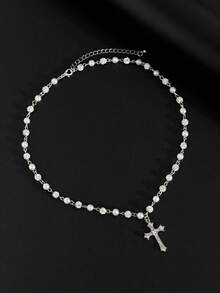 1pc Fashion Punk Style Simple Waterdrop Crystal & Faux Pearl Men Necklace, Daily Wear, Gift For Friends/Holidays - Christmas, New Year, Valentine's Day - White - View 9