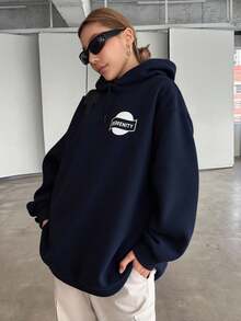 Livesso 秋季新款女士休闲宽松抓绒卫衣，长袖连帽衫，秋季女装 - 藍色 - 查看 3