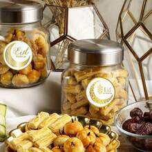 500张/卷 开斋节快乐贴纸，金色箔纸斋月涂鸦贴纸，1英寸圆形，3种款式可选，新月灯笼开斋节标签，中秋节派对DIY装饰贴纸，凯撒兰标签礼盒礼品袋派对用品，PVC自粘封口贴纸，适用于开斋节庆祝活动及相关礼品标签