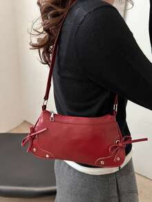 新款时尚纯色蝴蝶结装饰手提包、单肩包、托特包、斜挎包、工作包，适合携带现金、购物、上班、聚会、约会、短途旅行等场合。颜色：酒红色 - 酒紅色 - 查看 3