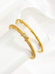 Bộ 2 vòng tay dây chữ X và nút thắt tre bằng thép không gỉ màu vàng, dùng hàng ngày, ngày lễ, quà tặng cho mẹ, bạn gái, bộ trang sức - vòng đeo tay - Xem 4