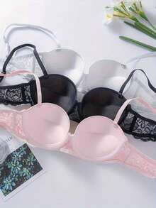 3pcs Minimalist Sexy Solid Color Lace Patchwork Spaghetti Strap Bras For Women - Multicolor - View 2
