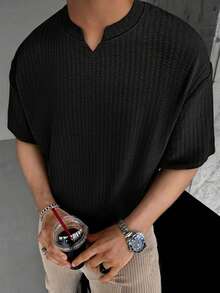 1pc Men's Textured Fabric V-Neck T-Shirt, Soft Drape, Anti-Pilling, Breathable, Suitable For Spring/Summer Casual, Beach, Office, Old Money Style - Black - View 3