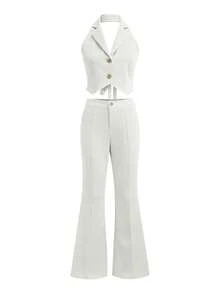 Buckle Decor Small V-Neck Camisole & Wide Leg Casual Pants Set White Summer - White - View 3