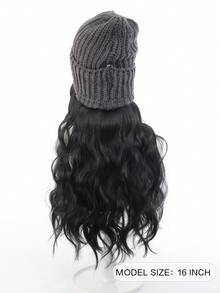 合成纤维针织帽假发，帽子接发，长款波浪卷灰色帽子假发，带合成发片，适合女性和女孩冬季佩戴 - 冷棕色/棕色/黑色