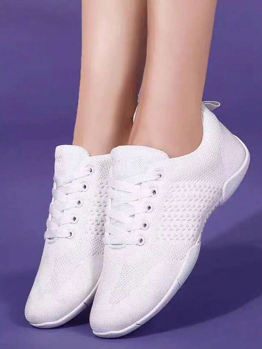A Pair Of Women's Lightweight Gymnastics Training Shoes, White Low-Top, Elastic Band Style, Comfortable And Breathable, Athletic Shoes Suitable For Cheerleading, Fitness, Competitions, Aerobic Exercises, Yoga And Dance, Fashionable Flat White Sneakers, Shoes, Women's Shoes.